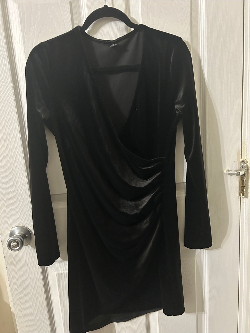 SHEIN Black Velvet Draped Long Sleeve Mini Dress
